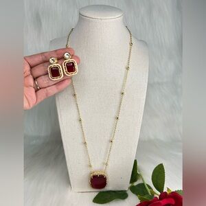Gorgeous Gold With Ruby Mona Lisa Stone Pendant and Earrings Set